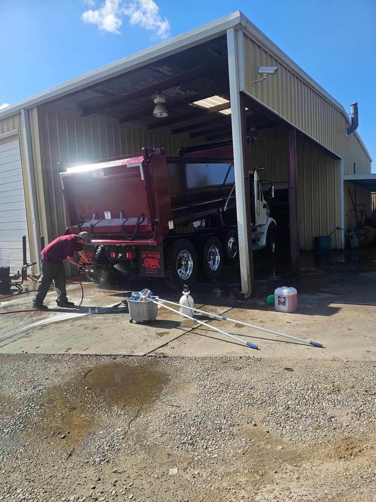 Dump truck washed in shop