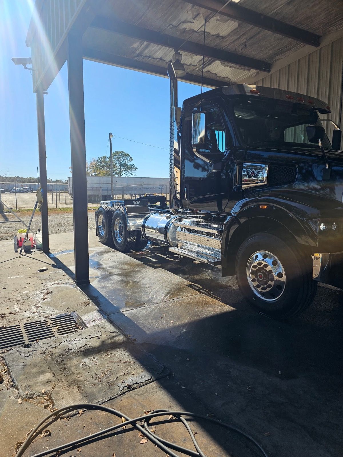 Semi truck cab washed in shop