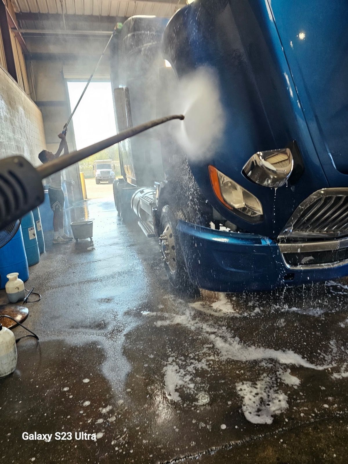 Semi truck cab washed, blue