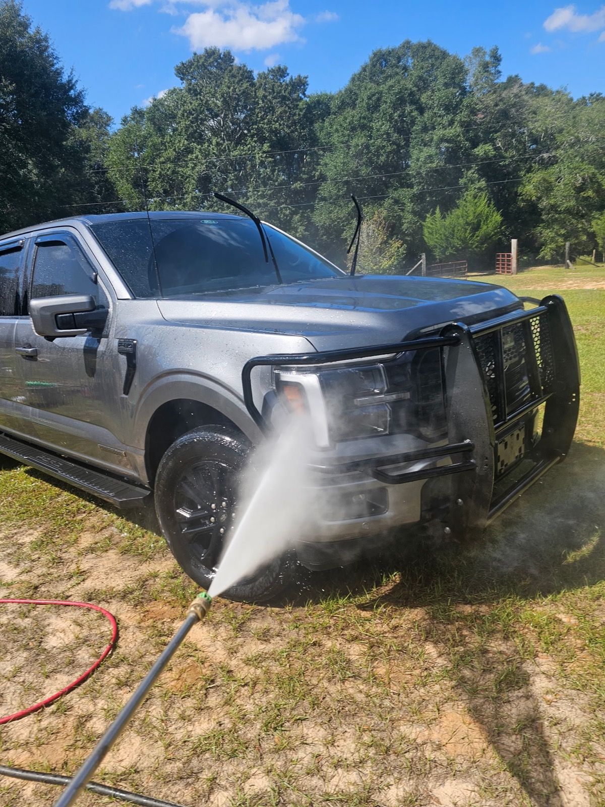 Pickup truck pressure washed, chrome grille